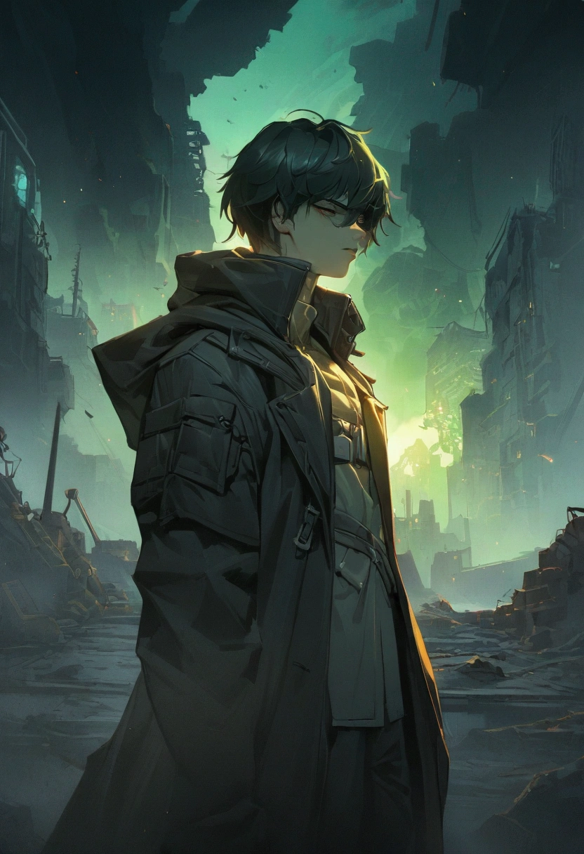 Make an epic anime cover poster with the young man in dark dystopian era, dystopian, anime, manhua, cyberpunk, violent, 4D, Ultra create,