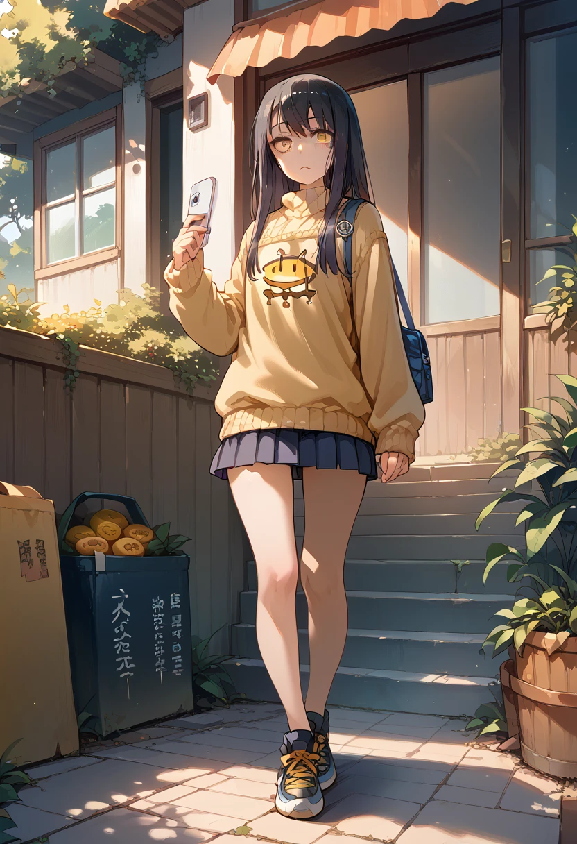 masterpiece,High resolution,Highest quality,8k(Yotsuya Miko)(Black Hair,semi-long,Yellow Eyes)(School uniforms,sweater),Full body description