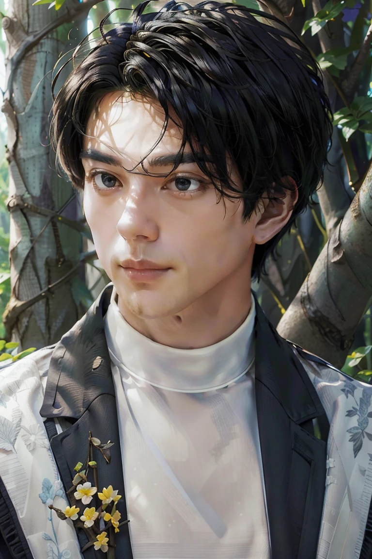 (nonsense, height, Very detailed), 1 man, adult, handsome, A tall and muscular boy, Broad shoulders, Intricately detailed eyes and detailed face, black hair, gray eyes, handsome, Eat time, Fantasy, uniform, TRUE, forest, Flowers bloom into bright flowers., sunlight, Amazing light and shadow, terrain, Portrait