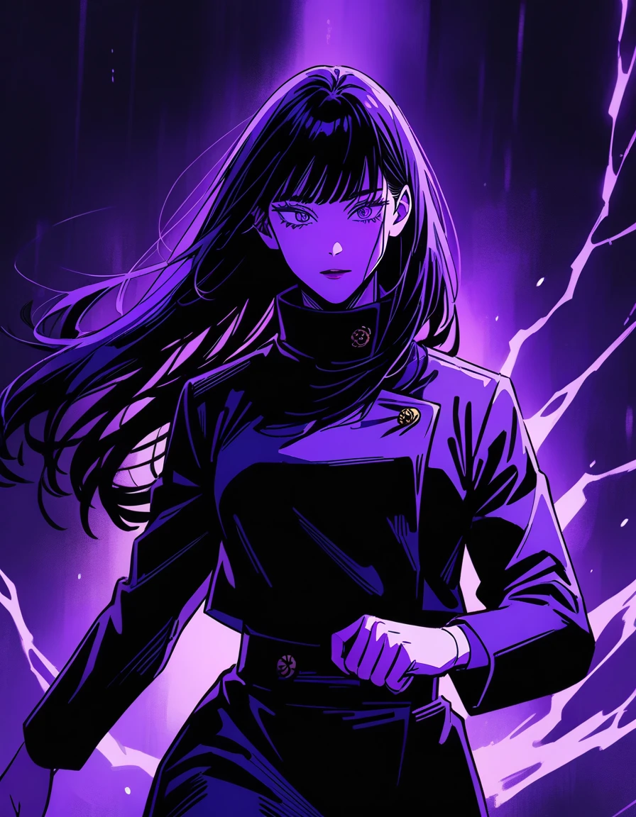 a woman (female) with long black hair with bangs (long hair), purple eyes (purple), beautiful, cute, jujutsu kaisen uniform, lighting, at jujutsu kaisen school, artwork, lighting and gojo saturo
