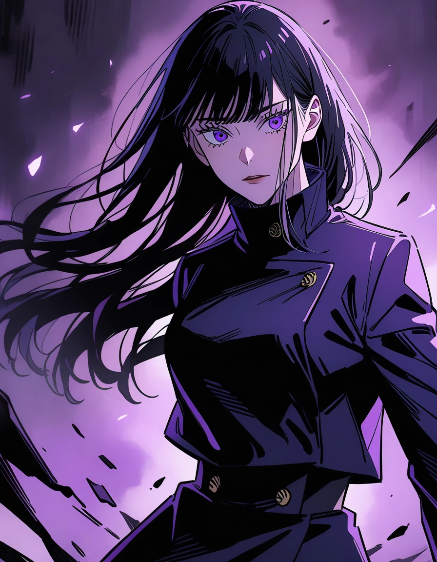 a woman (female) with long black hair with bangs (long hair), purple eyes (purple), beautiful, cute, jujutsu kaisen uniform, lighting, at jujutsu kaisen school, artwork, lighting and gojo saturo
