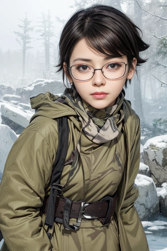 masterpiece, best quality, (realistic,photo-realistic:1.4), (RAW photo:1.2), extremely detailed CG unity 8k wallpaper, delicate and beautiful, amazing,finely detail, official art, absurdres, incredibly absurdres, huge filesize, ultra-detailed,extremely detailed eyes and face,light on face,sarada,(little smile:1.2),(black hair:1.4),(wearing parka:1.5),(very short hair:1.4),nature,sarada uchiha ,(wearing black framed glasses:1.4),(narure background:1.4),(brown scarf:1.5),(amunition belt:1.4)