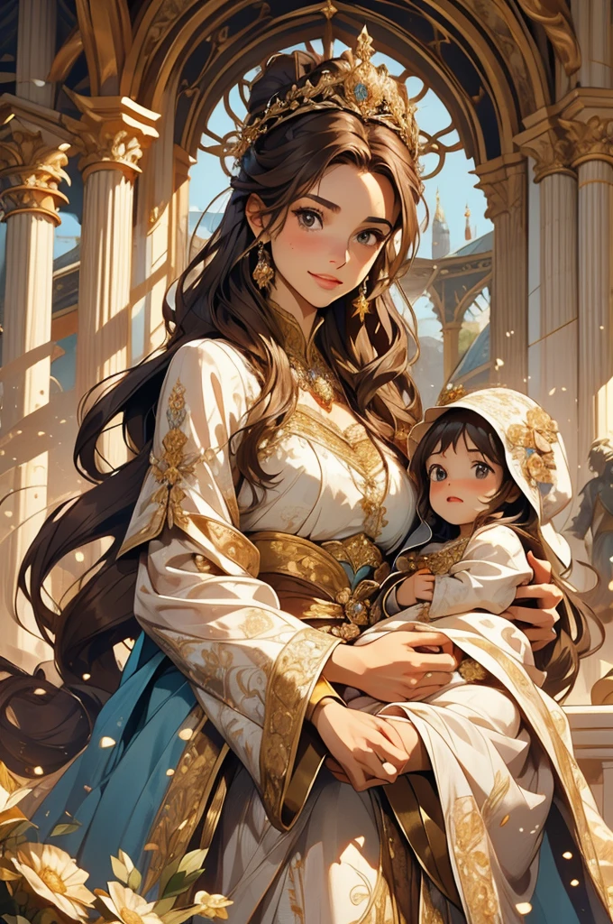 A petite young woman with a regal and noble presence, her long brown hair flowing gracefully around her. She has warm brown eyes, delicate freckles, and a sly, knowing smile. She is dressed in a medieval-style light blue gown adorned with intricate golden floral embroidery, exuding elegance and grace. In her arms, she holds a baby. The scene is softly lit, highlighting their bond and royal demeanor while ensuring the image remains safe for work.