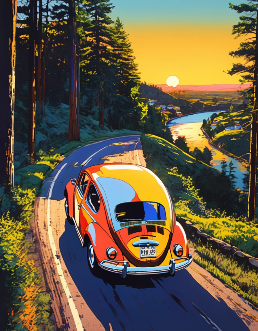 pop art style painting, The sun goes down, Rear view of cruising in a Volkswagen Beetle from the 1970son a wide wilderness road, Drone camera shot from above at sunset, nostalgic atmosphere, interplay of light and shadow, rich layers, mesmerizing moment, vintage feel, fading moment