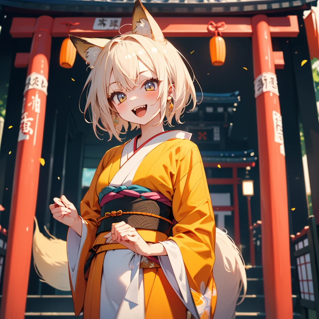 (8k, RAW Photo, Top Quality, Refined Details, Masterpiece: 1.2), (High Resolution 8k Wallpaper), Sharp Focus, Professional Lighting, Depth of Field, Cinematic Lighting, Background Blur, (1Girl:1.5),(A humanoid fox girl),(short hair featuring a yellow and orange gradient), Nine-tailed fox stuffed animalShe is wearing a short orange and white gradation dress that is a modern remake of a traditional kimono. She is looking straight into the camera with a bright smile.The background is Inari Shrine in Japan,