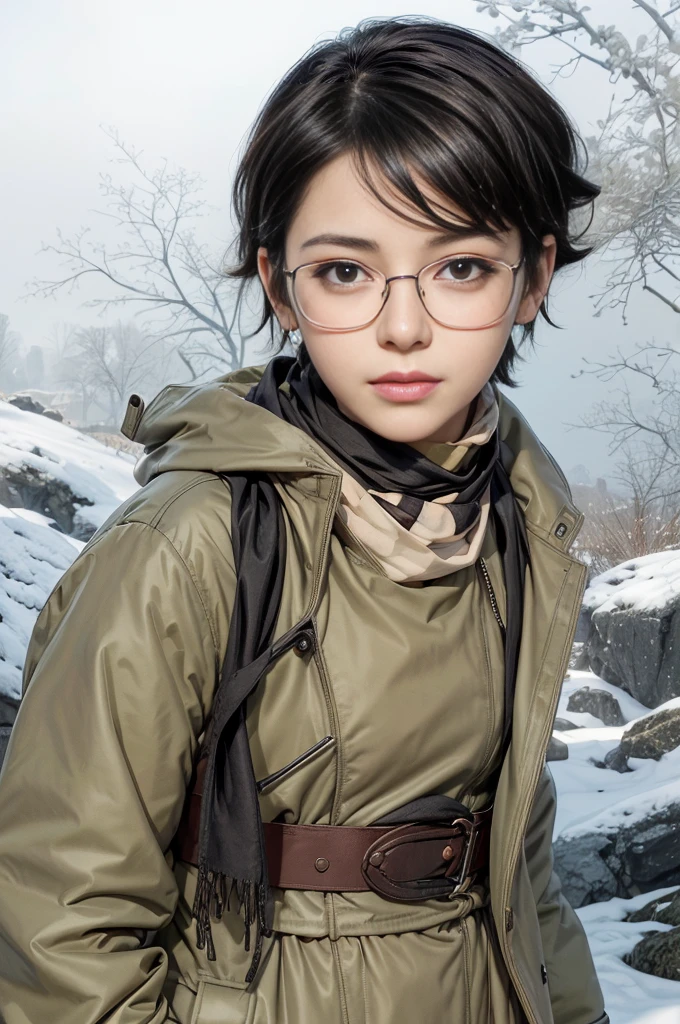 masterpiece, best quality, (realistic,photo-realistic:1.4), (RAW photo:1.2), extremely detailed CG unity 8k wallpaper, delicate and beautiful, amazing,finely detail, official art, absurdres, incredibly absurdres, huge filesize, ultra-detailed,extremely detailed eyes and face,light on face,sarada,(little smile:1.2),(black hair:1.4),(wearing coat:1.5),(very short hair:1.4),nature,sarada uchiha ,(wearing black framed glasses:1.4),(narure background:1.4),(brown scarf:1.5),(amunition belt:1.4)