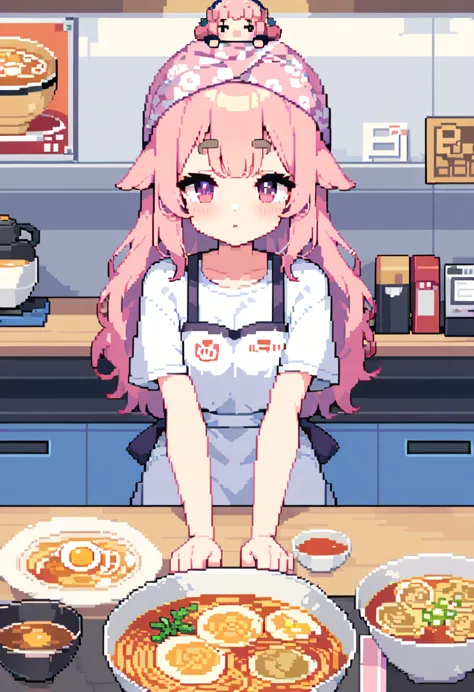 (((highest quality, 8k, masterpiece: 1.3)), beautiful pixel art, one woman, pink long hair, fluffy hair, thick eyebrows, white t...