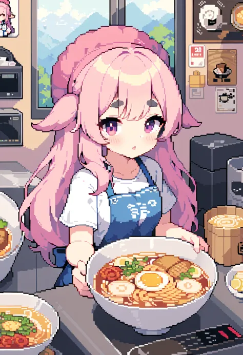 (((highest quality, 8k, masterpiece: 1.3)), beautiful pixel art, one woman, pink long hair, fluffy hair, thick eyebrows, white t...