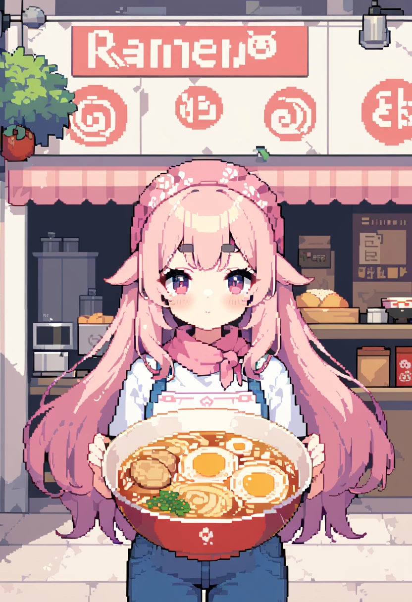 (((Highest quality, 8k, masterpiece: 1.3)), Beautiful pixel art, One Woman, Pink long hair, Fluffy hair, Thick eyebrows, White T-shirt, Blue jeans, apron, Pink bandana on head, Ramen shop, Ramen shopの厨房, 1 mini sheep