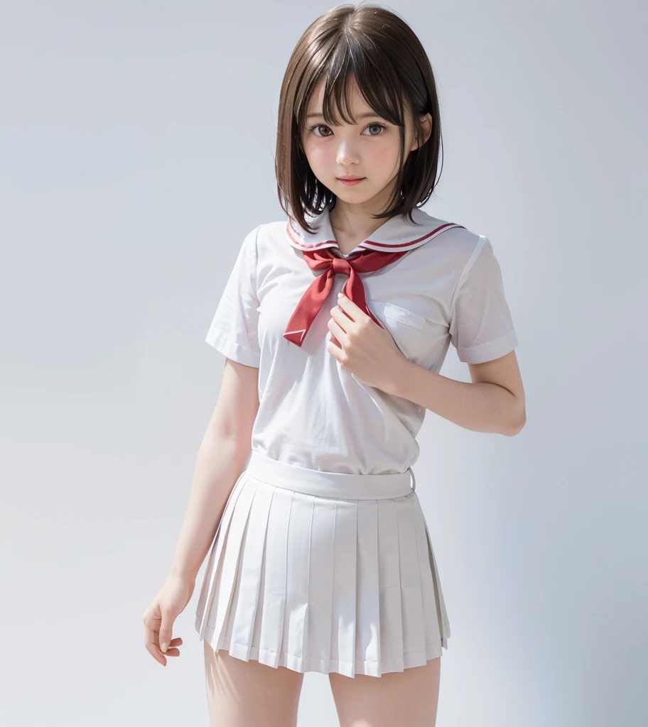 (18yo, young, cute:1.3), (japanese teen girl idol:1.2), ultra highres, real skin, hyperrealism, glistening skin, professional photograph, (absurdres:1.2), 8k, (RAW photo:1.2), (extremely detailed clothing:1.2), (perfect anatomy:1.2), extremely detailed fingers, highest quality, amazing details, pale skin, (translucent skin),
(masterpiece, best quality:1.2), ultra detailed, absolutely resolution, (perfect anatomy, correct limb:1.2),
hands
good hands, perfect fingers,
BREAK
stunningly beautiful girl,
(nogizaka_costume), (neck_ribbon), (pleated_skirt), (red_ribbon), (ribbon), school_uniform, shirt, short_sleeves, skirt, white_shirt, (wing_collar), black_footwear, thin thighs,
(short hair, straight hair), (face is shiny:0.8), (smile:0.8), (close mouth:0.7)
(white buckground, white wall:1.3),
(looking at another:1.2), (standing pose:1.2),
(upperbody:1.3), (bokeh), (short focus lens:1),
(day time), (professional lighting:1.2), (light on face:1.2), (facial profile:0.6),
