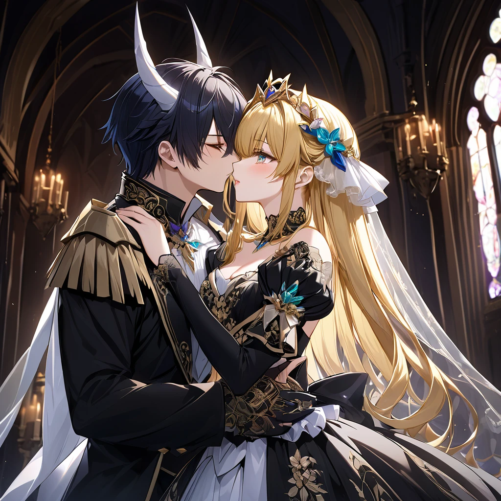 ((Highest quality)), ((masterpiece)), (detailed), （Perfect Face）、The woman is Extia Spica、The woman is wearing a gorgeous black wedding dress with gold embroidery and trim, and a black wedding veil, and is embracing and kissing the great demon king to celebrate their wedding.