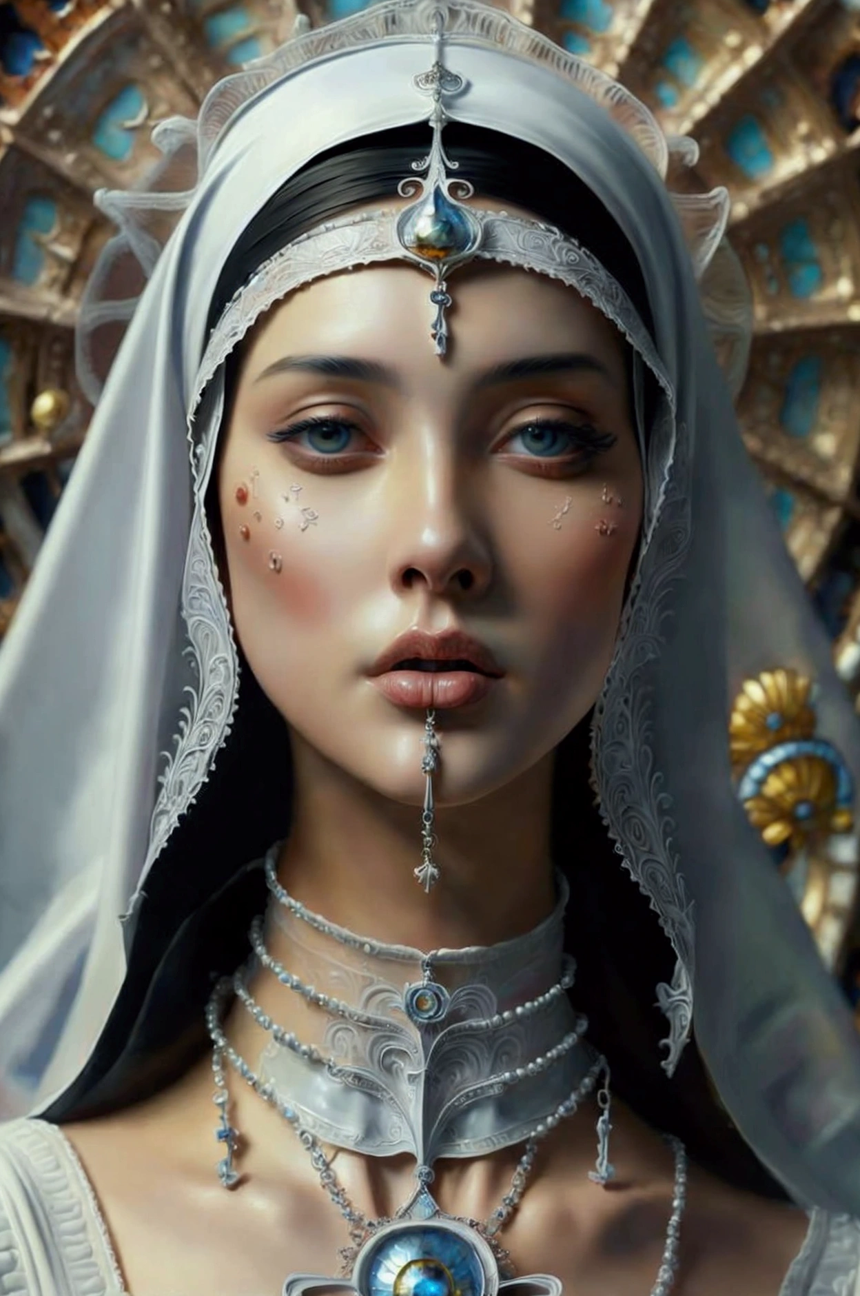 A beautiful ultra-thin realist portrait of the Virgin Mary, white outfit with blue details, ((divinity)), Whole body, biblical, realist, intricate details, por Abbott Fuller Graves, Bartholomew Esteban Murillo, JC Leyendecker, Craig Mullins, Peter Paul Rubens, (Caravaggio), trend in artstation, 8k, Conceptual art, Fantasy Art, Photorealist, realist, illustration, oil painting, Surrealism, Hyperrealist, brush brushes, Digital art, style,  watercolor