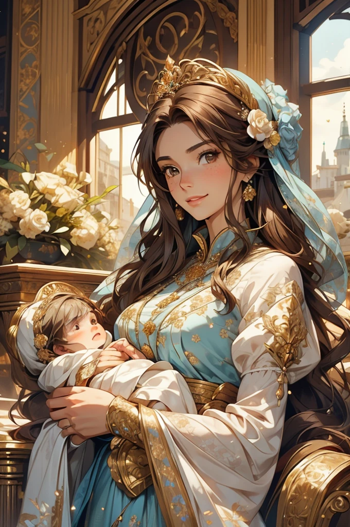 A petite young woman with a regal and noble presence, her long brown hair flowing gracefully around her. She has warm brown eyes, delicate freckles, and a sly, knowing smile. She is dressed in a medieval-style light blue gown adorned with intricate golden floral embroidery, exuding elegance and grace. In her arms, she holds a baby. The scene is softly lit, highlighting their bond and royal demeanor while ensuring the image remains safe for work.