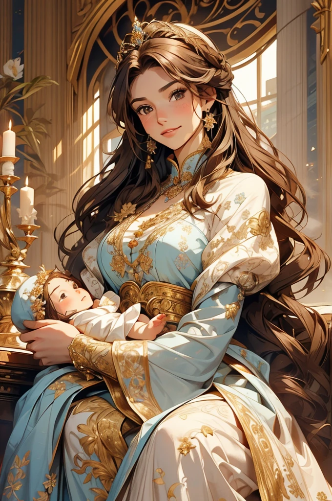 A petite young woman with a regal and noble presence, her long brown hair flowing gracefully around her. She has warm brown eyes, delicate freckles, and a sly, knowing smile. She is dressed in a medieval-style light blue gown adorned with intricate golden floral embroidery, exuding elegance and grace. In her arms, she holds a baby. The scene is softly lit, highlighting their bond and royal demeanor while ensuring the image remains safe for work.