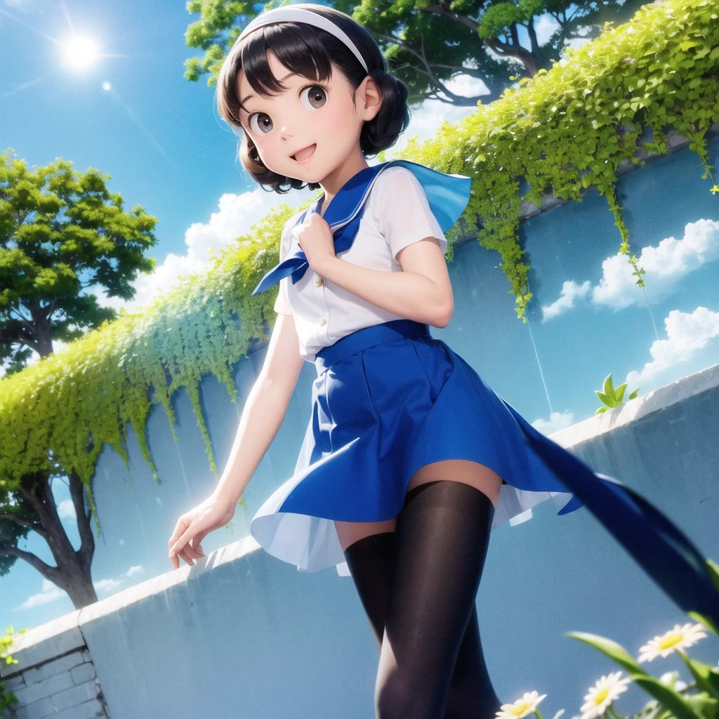 wallpaper, Clear Face, (masterpiece), town, blue sky, 一people々Girl, people々々Guide in the right direction, smile, 一people々in, Sailor suit、Long skirt, Overgrown, petal, plant、Skirt lining、Translucent slip、nostalgic、pantyhose、Night Grassland, Crotch close-up, I can see your underwear