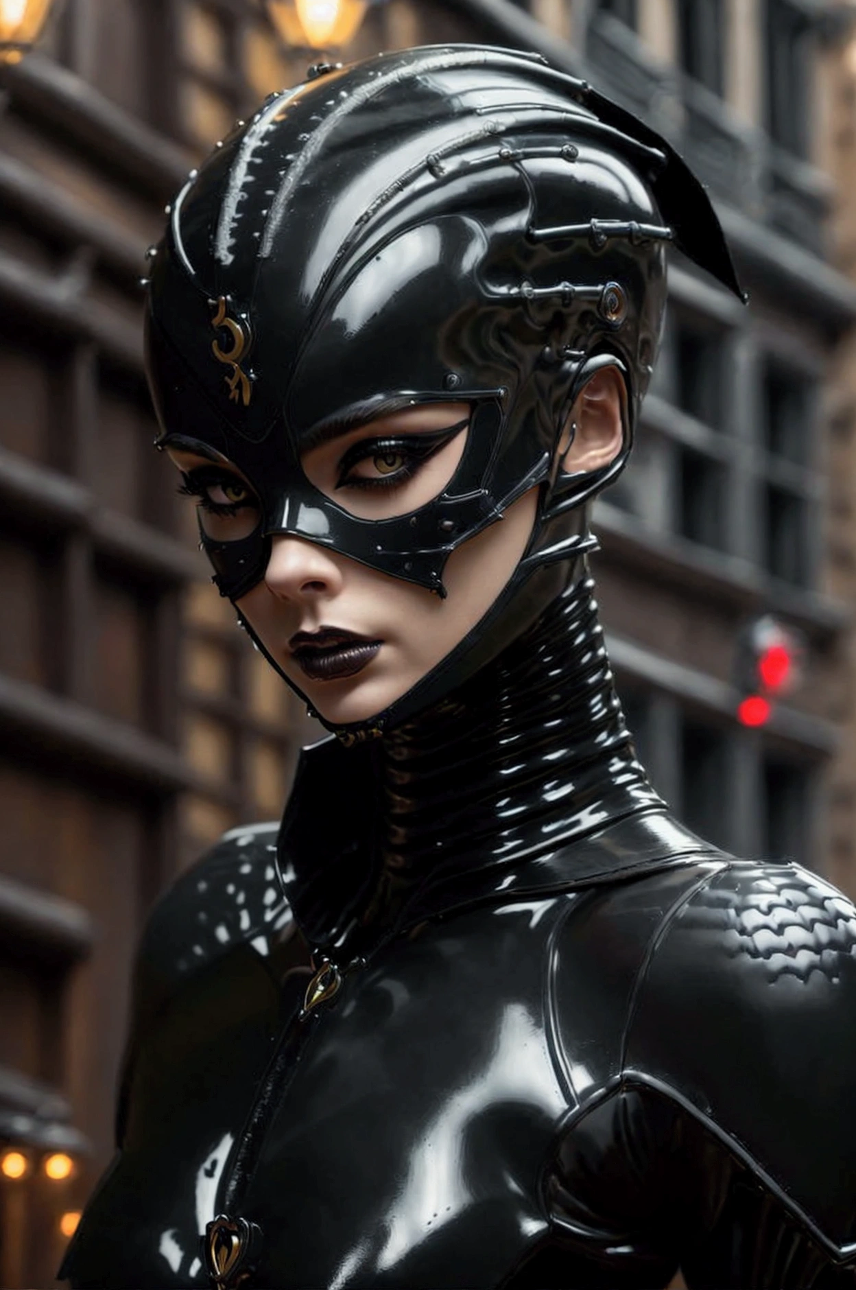 extremely detailed, very sharp, Best Quality, female, Sophie Thatcher&#39;s Face, black rider latex suit, Tall and thin body, leverage, evening, evening street, Lights, very short black haircut, dark makeup, shoulder pads, learn,