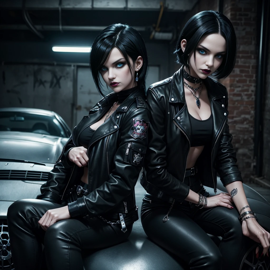 a woman with medium black hair, hair on shoulders, wearing black pant, black jacket, blue eyes, gothic art, cute aesthetic with vibe, toon aesthetic, wearing gothic accessories, look like Cassie Hack, upper body, angry clown smile, sitting on the car, garage background, dinamic poses