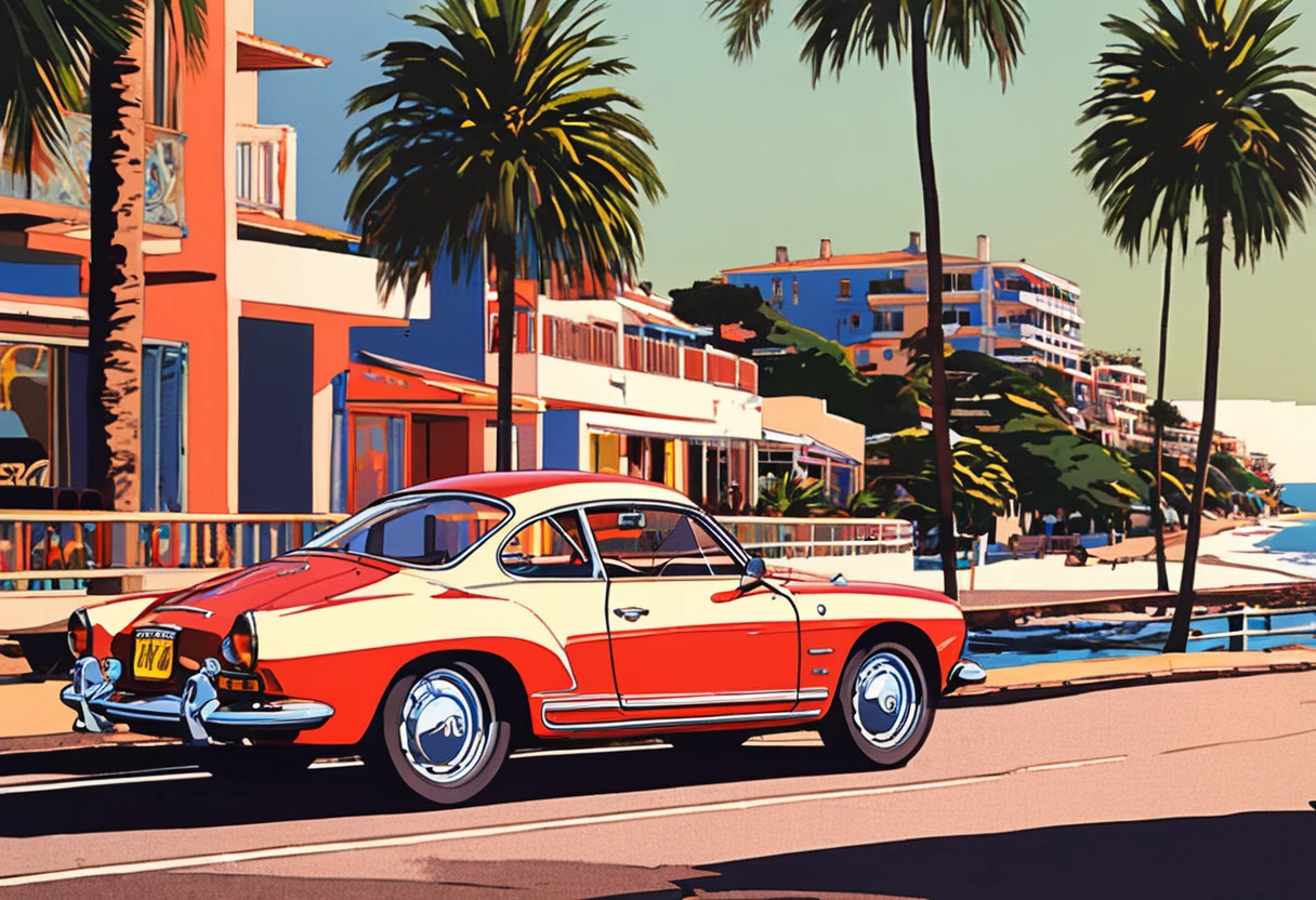 A Volkswagen Karmann Ghia from the 1970s (retro red exterior: 1.1), iconic design, cruising along Coastal road, (reflected lights: 1.2), bathed in sunlight and the rustling sea breeze,  waves lapping on the shore, nostalgic atmosphere, interplay of light and shadow, rich layers, mesmerizing moment, Palm trees and seaside view, vintage feel, fading moment