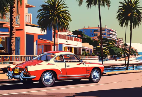 a volkswagen karmann ghia from the 1970s (retro red exterior: 1.1), iconic design, cruising along coastal road, (reflected light...