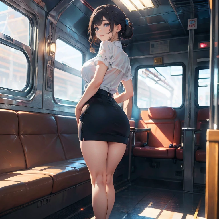 Anime full body Waifu beautiful detailed eyes, beautiful detailed lips, extremely detailed eyes and face, longeyelashes, 1girl, sensual, young woman, sexy medium / large breasts, beautiful feminine face, nice sexy thighs, slim, sexy, erotic, beautiful clothes, perfect body, perfect anatomy of female, cinematic lighting and framing, (best quality,4k,8k,highres,masterpiece:1.2),ultra-detailed,digital painting,portrait,glamorous,highly detailed,soft lighting,warm color tones (Best quality, 8k, 32k, Masterpiece, UHD,:1.2),RAW, 1girl,ultra cute , natural lighting,transparent shining eyes, 20yo ,fair complexion, (vulgarity:0.8), (fucked silly:0.8),(steam:0.8),(trembling:1.3)), suit, short pencil skirt, From Behind , Closeup shot, train