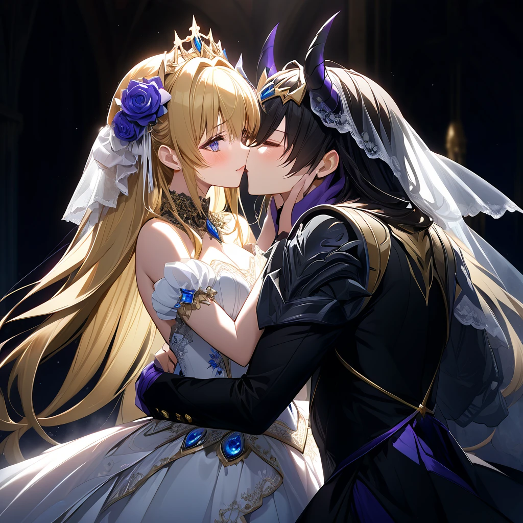 ((Highest quality)), ((masterpiece)), (detailed), （Perfect Face）、The woman is Extia Spica、The woman is wearing a gorgeous black wedding dress with gold embroidery and trim, and a black wedding veil, and is embracing and kissing the great demon king to celebrate their wedding.