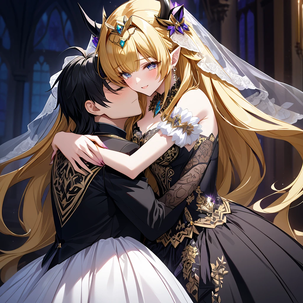 ((Highest quality)), ((masterpiece)), (detailed), （Perfect Face）、The woman is Extia Spica、The woman is wearing a gorgeous black wedding dress with gold embroidery and trim, and a black wedding veil, and is embracing and kissing the great demon king to celebrate their wedding.