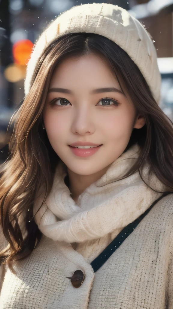 8k,Highest quality,(masterpiece:1.2),(Realistic),(Realistic:1.37),Ultra-high resolution,1 female college student,smile,Long Wavy Hair,Beautiful Eyes,Beautiful teeth alignment, Snow falling in town,(((Winter clothes))),Big Breasts,Perfect body,Perfect Fingers,Professional Lighting,gravure,Detailed face and skin texture,fine grain,RAW Photos