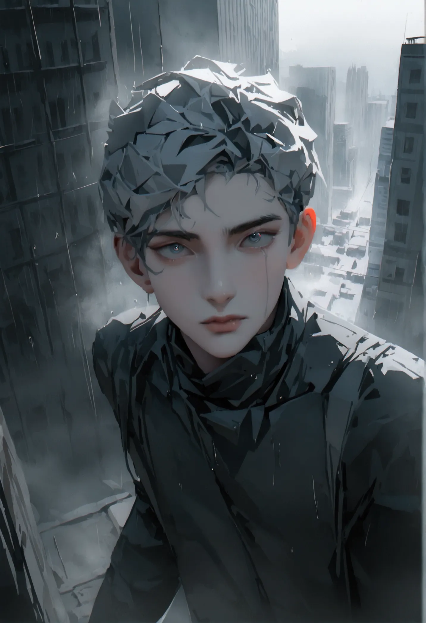 make an epic anime cover poster with the young man in dark dystopian era, dystopian, anime, manhua, cyberpunk, violent, 4d, ultr...