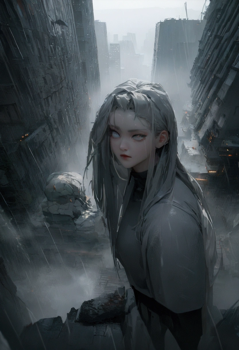 Make an epic anime cover poster with the young man in dark dystopian era, dystopian, anime, manhua, cyberpunk, violent, 4D, Ultra create,(8K, RAW photos, best quality, masterpiece: 1.4), (((Boy in gray hair)))，Ultra-high resolution, Extremely detailed, light, handsome boy, black eyes, (delicate eyes, Eyes are bright:1.2), Gray short hair, Fair skin,dark,(perfect anatomy:1.2), High-quality shadows, Natural Lighting, (White highlights:1.2), night, rainy day, (Four-story residential building in green moses:1.2), (dystopian city in rain:1.2)