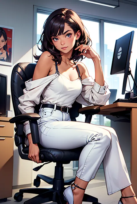 (front view), full body of a girl with white off-shoulder dres, skinny jeans, high heels, sitting on an office chair facing the ...