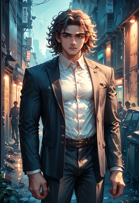 male, muscular, brown skin, long brown curly hair, dark suit pants, black blazer with white shirt inside, city background, night...