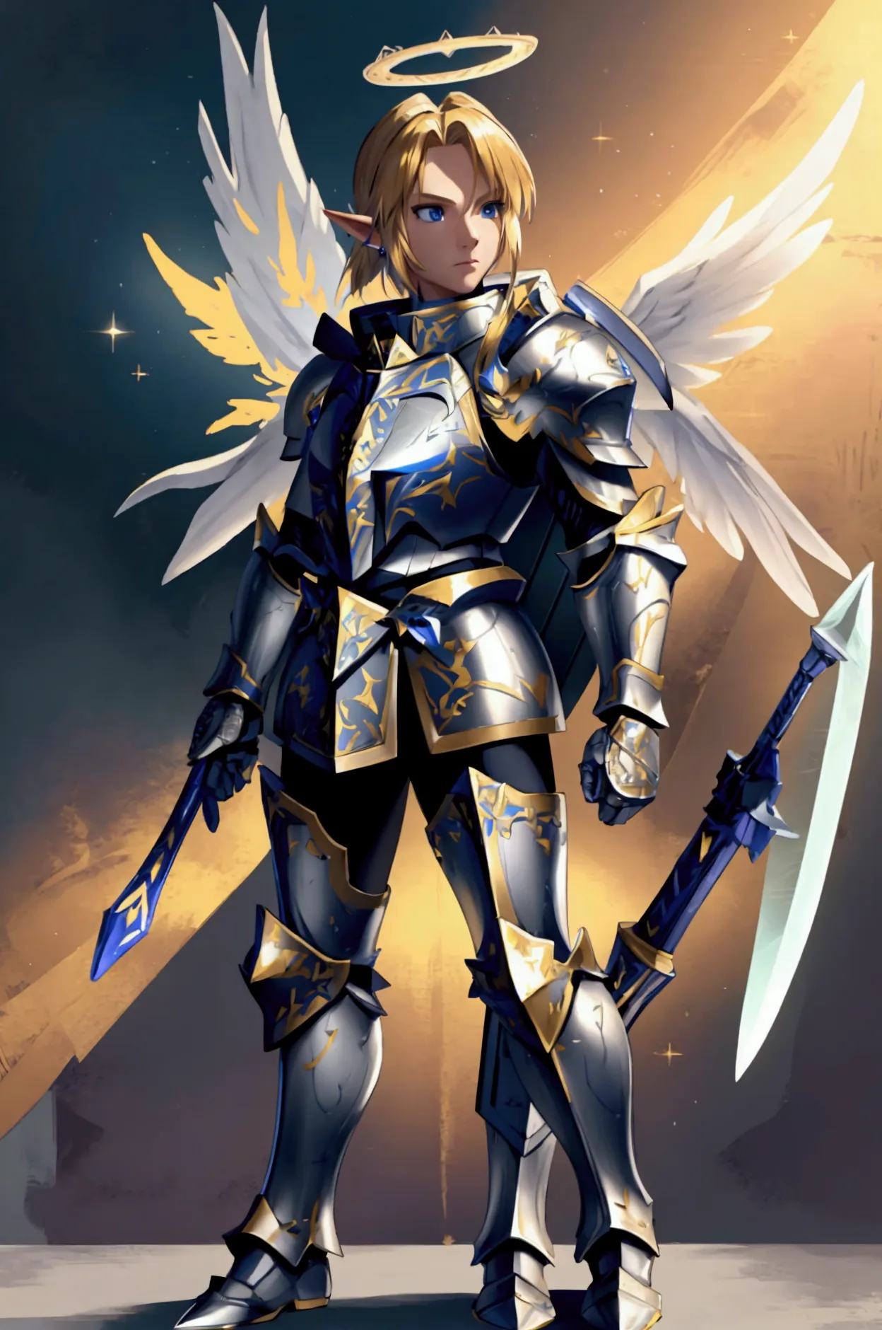 1 man, link, the legend of zelda, angel, blonde hair, armor, (detailed armor:1.3), highres, (holy), giant wings, ((masterpiece))...