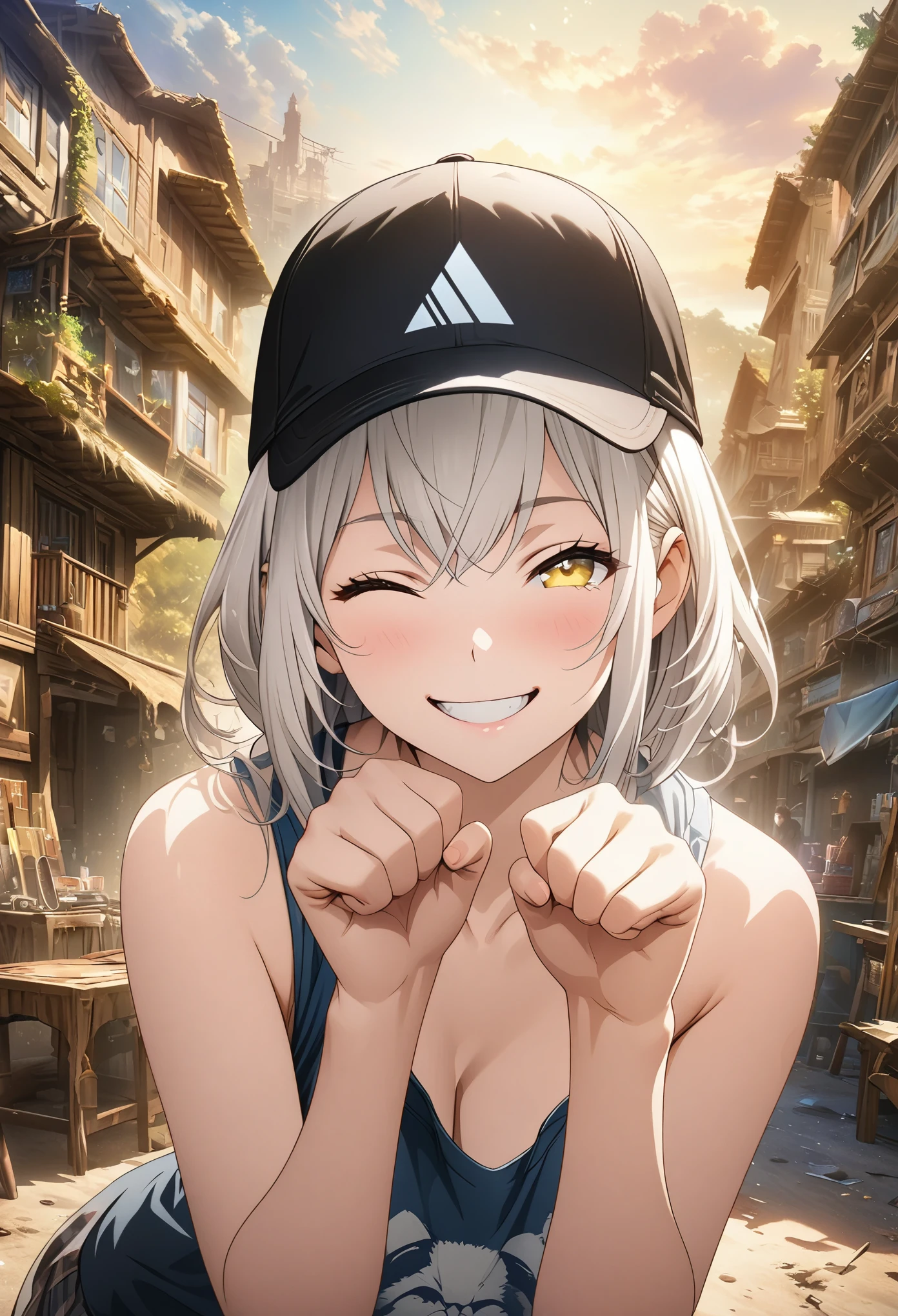 masterpiece, Highest quality, Highly detailed CG Unity 8K wallpapers, High School Girl Anime Illustration. paw pose, Wear an oversized tank top、she has her eyes closed and mouth open, smile. Realistic Backgrounds, 3Dart, white hair color, Yellow Eyes, Anatomical Fingers, Golden Ratio, wear a baseball cap