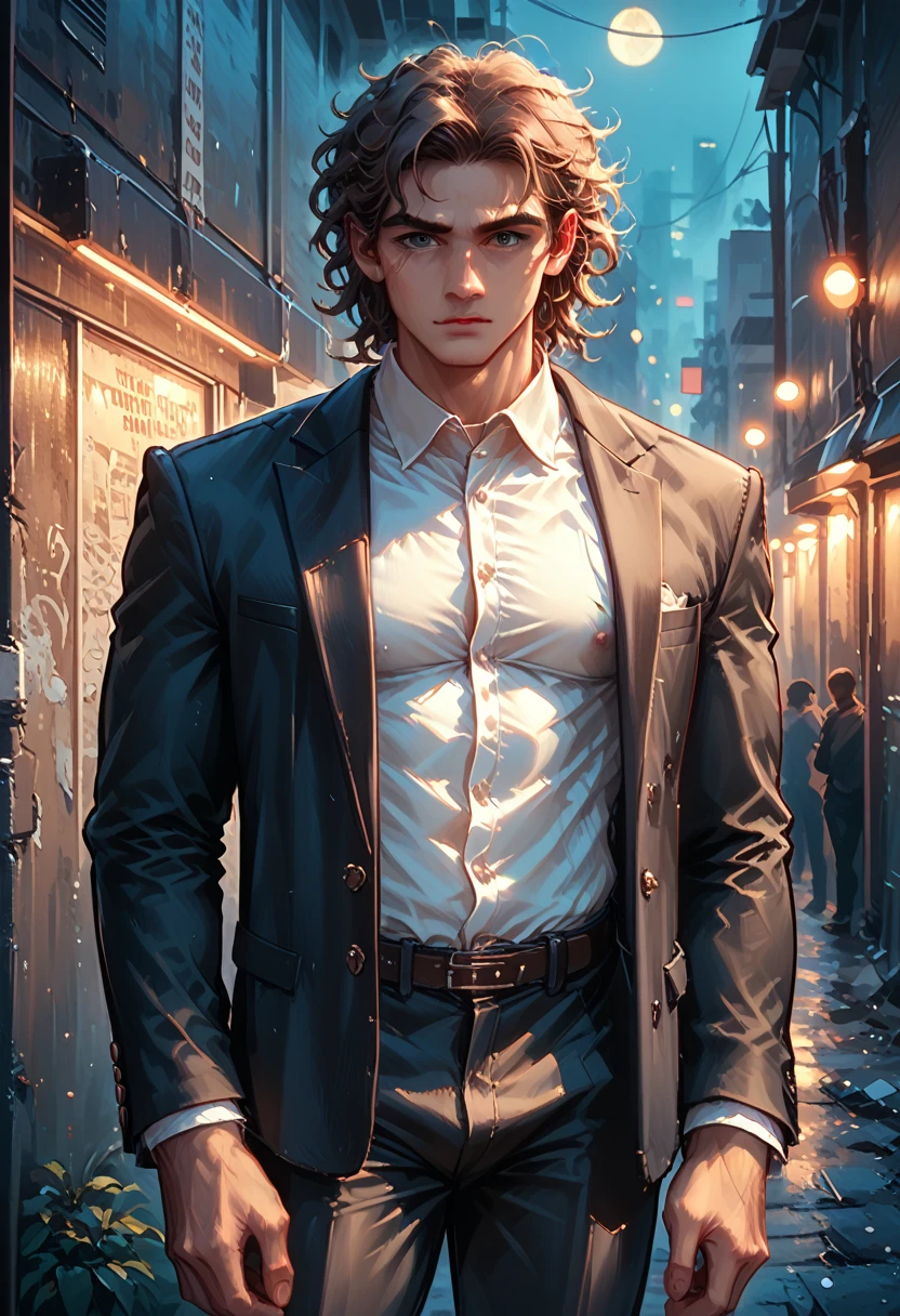 Male, muscular, brown skin, long brown curly hair, dark suit pants, black blazer with white shirt inside, city background, night, in a dark alley, realistic, 8k, Unreal Engine, highly detailed, octane rendering,