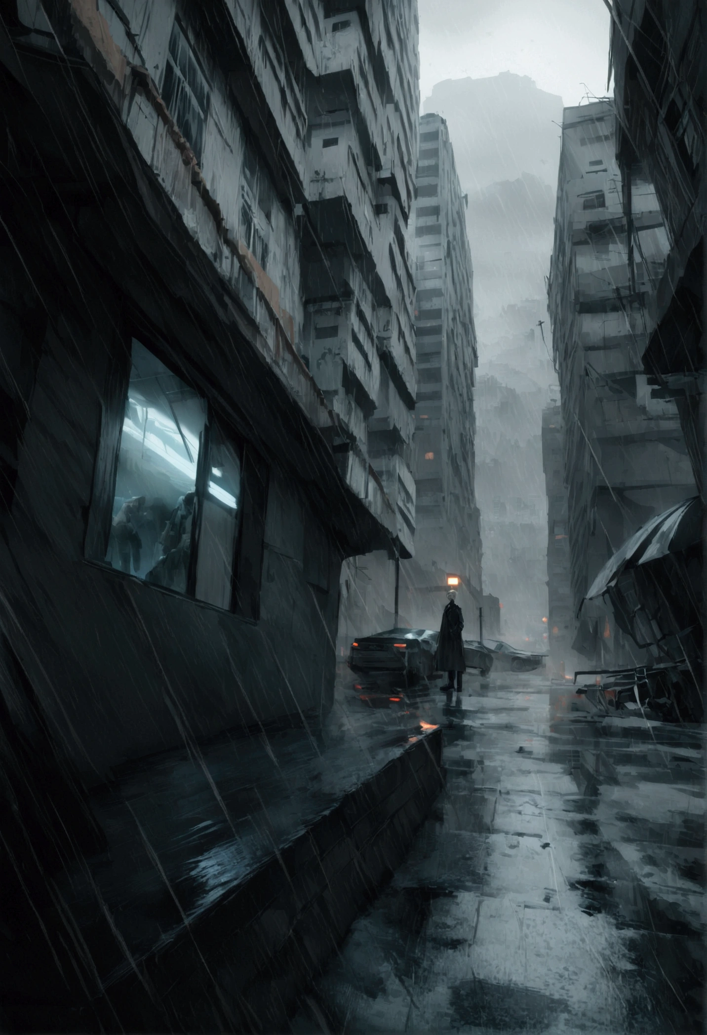 Make an epic anime cover poster with the young man in dark dystopian era, dystopian, anime, manhua, cyberpunk, violent, 4D, Ultra create,(8K, RAW photos, best quality, masterpiece: 1.4), (((Boy in the rain)))，Ultra-high resolution, Extremely detailed, light, handsome boy, black eyes, (delicate eyes, Eyes are bright:1.2), Gray short hair, Fair skin,dark,(perfect anatomy:1.2), High-quality shadows, Natural Lighting, (White highlights:1.2), night, rainy day, (Four-story residential building in green moses:1.2), (dystopian city in rain:1.2)