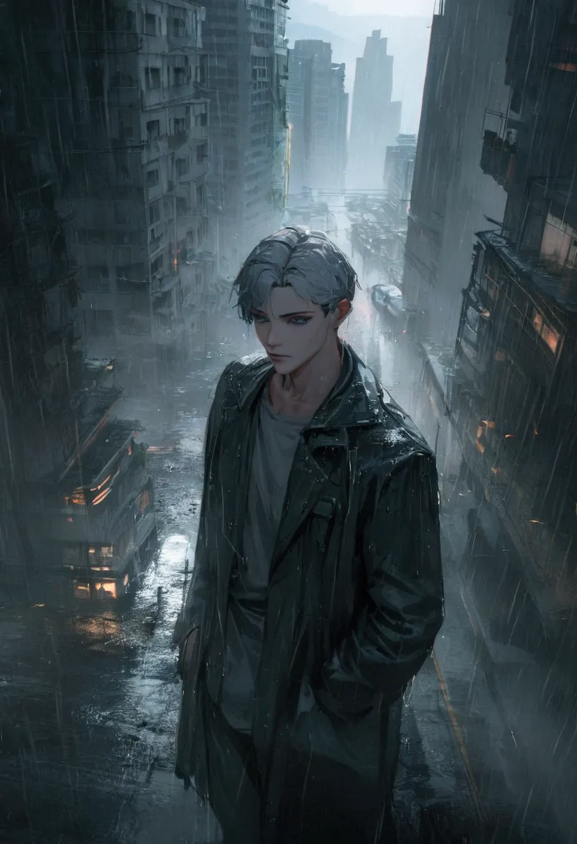 make an epic anime cover poster with the young man in dark dystopian era, dystopian, anime, manhua, cyberpunk, violent, 4d, ultr...