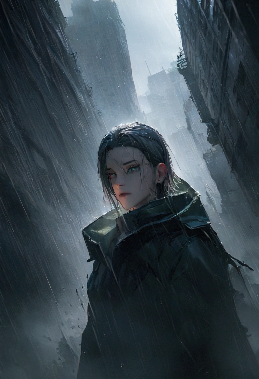 Make an epic anime cover poster with the young man in dark dystopian era, dystopian, anime, manhua, cyberpunk, violent, 4D, Ultra create,(8K, RAW photos, best quality, masterpiece: 1.4), (((Boy in the rain)))，Ultra-high resolution, Extremely detailed, light, handsome boy, black eyes, (delicate eyes, Eyes are bright:1.2), Gray short hair, Fair skin,dark,(perfect anatomy:1.2), High-quality shadows, Natural Lighting, (White highlights:1.2), night, rainy day, (Four-story residential building in green moses:1.2), (dystopian city in rain:1.2)