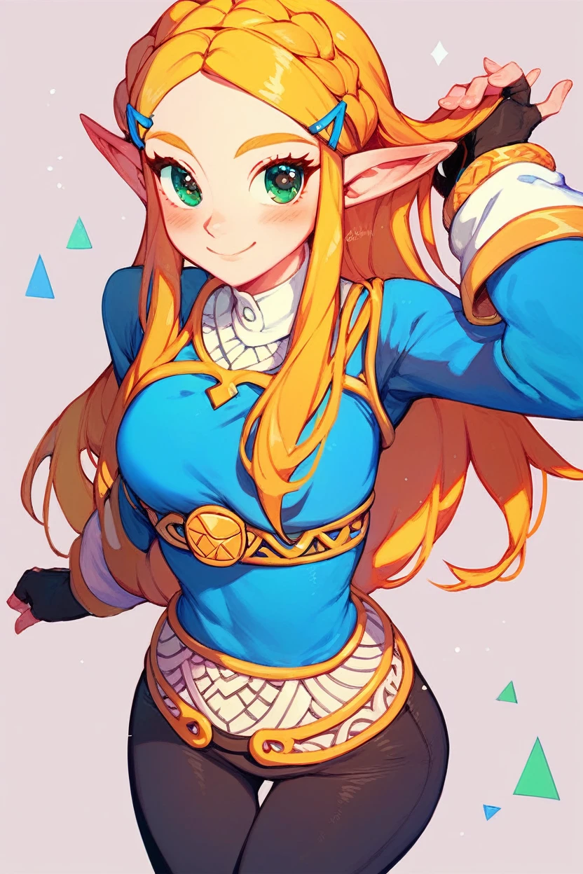 score_9, score_8_up, score_8, medium breasts, cute, eyelashes,       princess zelda, solo, long hair, crown braid, hairclip, pointy ears, blue shirt, long sleeves, fingerless gloves, black gloves, black pants, tight pants, green eyes, solo, looking at viewer, smile, blush,  