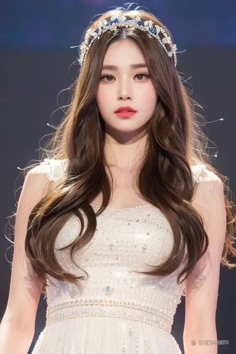 ((Best Quality, 8K, Masterpiece: 1.3)) Detailed, Extremely detailed face, Woman, Korean, heart-shaped face with high cheekbones and a delicate jawline, Fair skin, Medium Eyes, deep, rich brown eye color, Long, flowing waves Hair, dark brown to shades of blonde hair color, graceful and elegant stature, slim and toned physique, Elegant white Dress, pearls headband, In stage