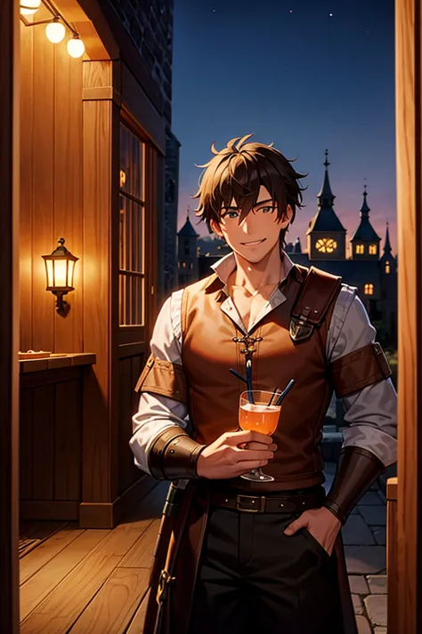 late night　a magnificent medieval tavern　a 30-year-old male adventurer smiles as he waits for his friend to return with his drin...