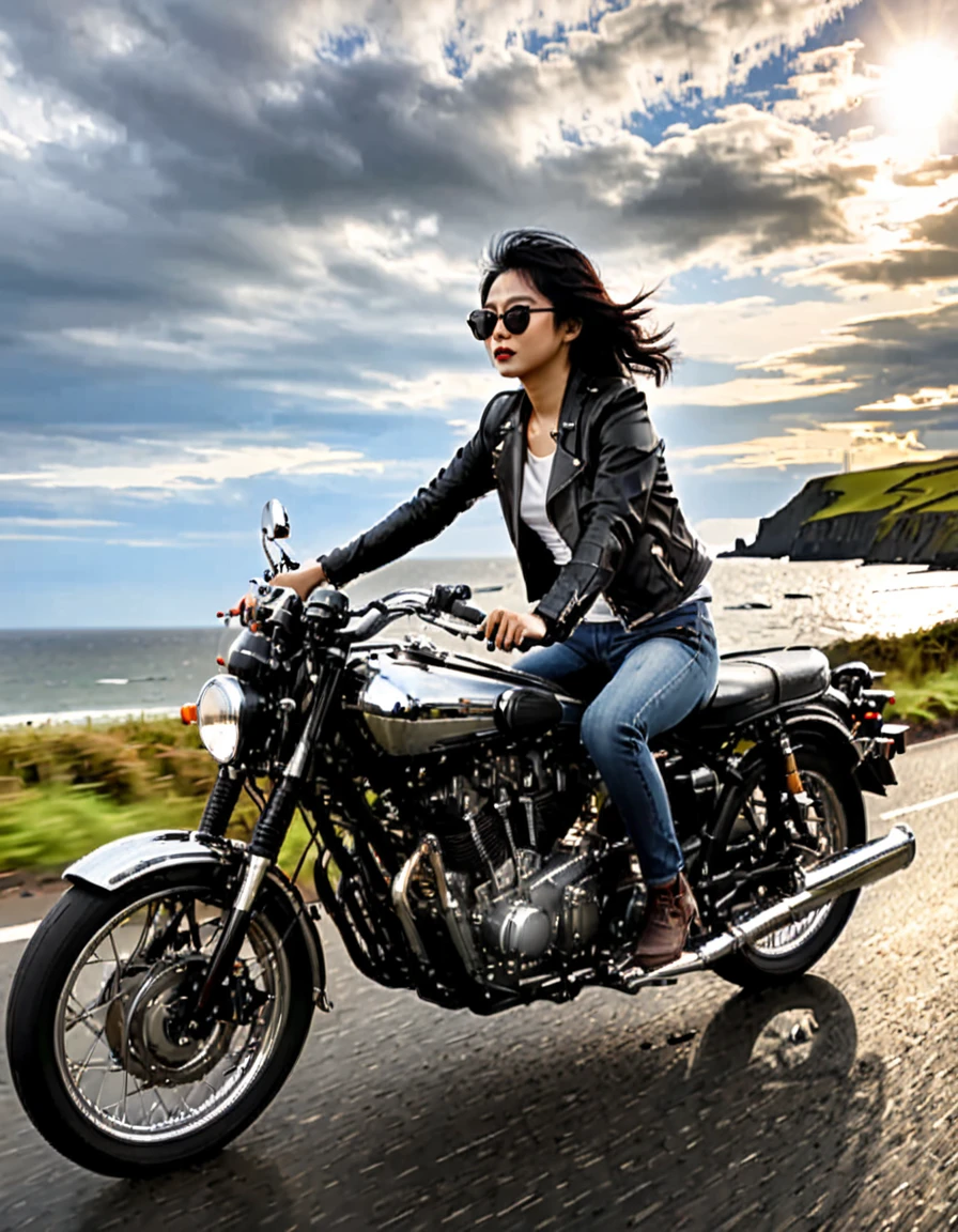 (Backlight:1.4)、(The motorcycle and rider are silhouetted in the setting sun.:1.4)、(The sun sets:1.2)、(Ride a classic motorcycle:1.2 )、(Vintage Bikes、Bluff Superior SS100)、Beautiful young Japanese woman、Beautiful Face, Black Hair, Short Bob Hair, Red classic leather jacket、sunglasses、(Accurate motorcycle shape)、(Photograph the entire motorcycle:1.2)、 BREAK Coastal road with ocean view、After the Rain、British coastal scenery、Blur the background、Artistic photography、Motion Blur、Realistic、High Contrast、(Highest quality, masterpiece, High resolution)、8k、wallpaper、