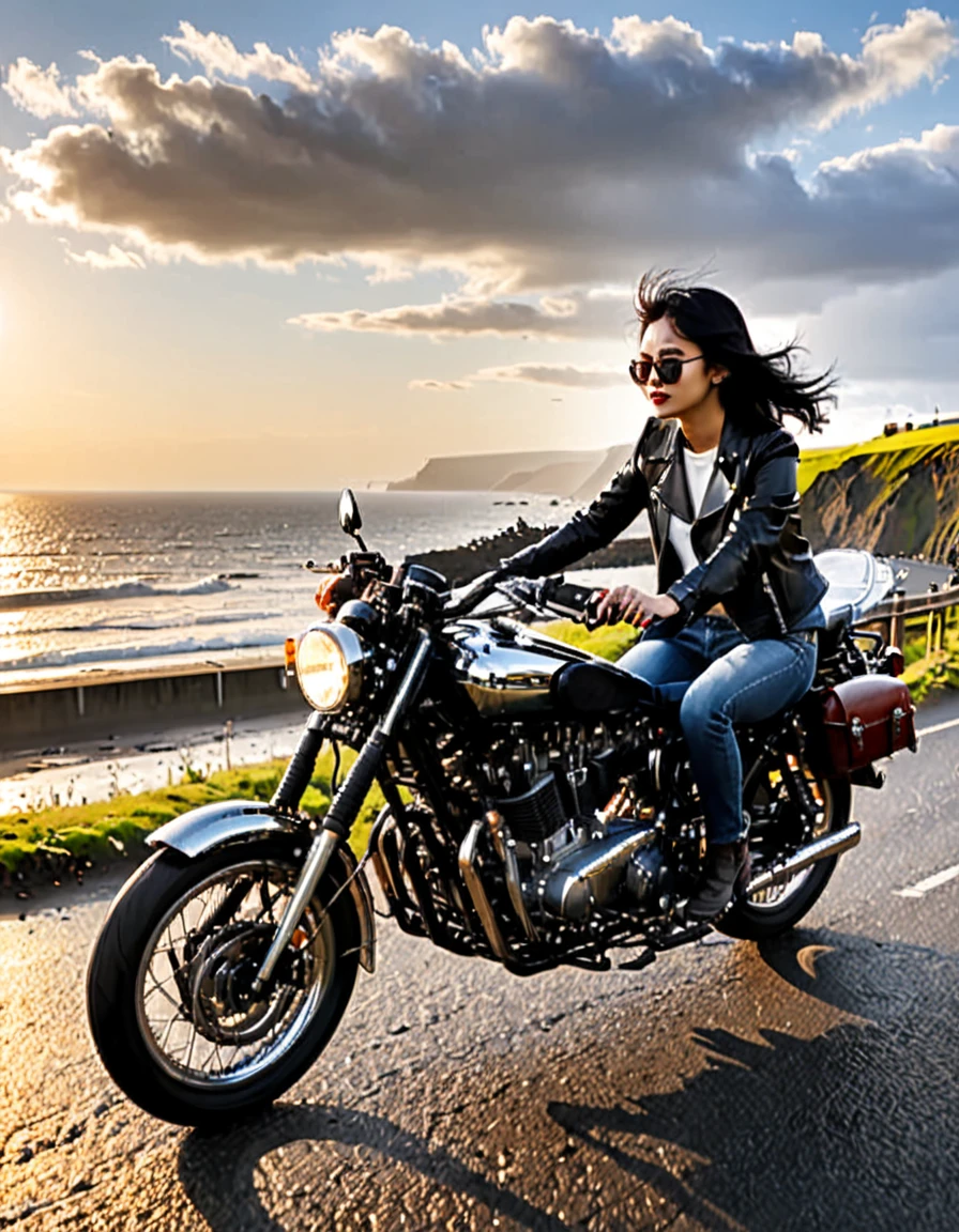 (Backlight:1.4)、(The motorcycle and rider are silhouetted in the setting sun.:1.4)、(The sun sets:1.2)、(Ride a classic motorcycle:1.2 )、(Vintage Bikes、Bluff Superior SS100)、Beautiful young Japanese woman、Beautiful Face, Black Hair, Short Bob Hair, Red classic leather jacket、sunglasses、(Accurate motorcycle shape)、(Photograph the entire motorcycle:1.2)、 BREAK Coastal road with ocean view、After the Rain、British coastal scenery、Blur the background、Artistic photography、Motion Blur、Realistic、High Contrast、(Highest quality, masterpiece, High resolution)、8k、wallpaper、