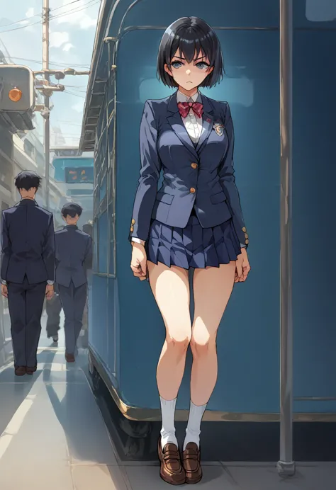 on the train、full body shot、black hair、short hair、navy blazer and mini skirt、petite figure、navy short socks and loafers、being mo...