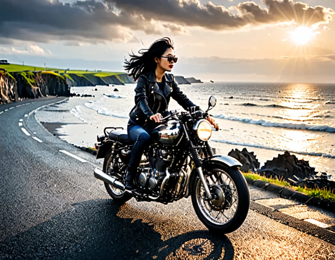 (Backlight:1.4)、(The motorcycle and rider are silhouetted in the setting sun.:1.4)、(The sun sets:1.2)、(Ride a classic motorcycle:1.2 )、(Vintage Bikes、Bluff Superior SS100)、Beautiful young Japanese woman、Beautiful Face, Black Hair, Short Bob Hair, Red classic leather jacket、sunglasses、(Accurate motorcycle shape)、(Photograph the entire motorcycle:1.2)、 BREAK Coastal road with ocean view、After the Rain、British coastal scenery、Blur the background、Artistic photography、Motion Blur、Realistic、High Contrast、(Highest quality, masterpiece, High resolution)、8k、wallpaper、