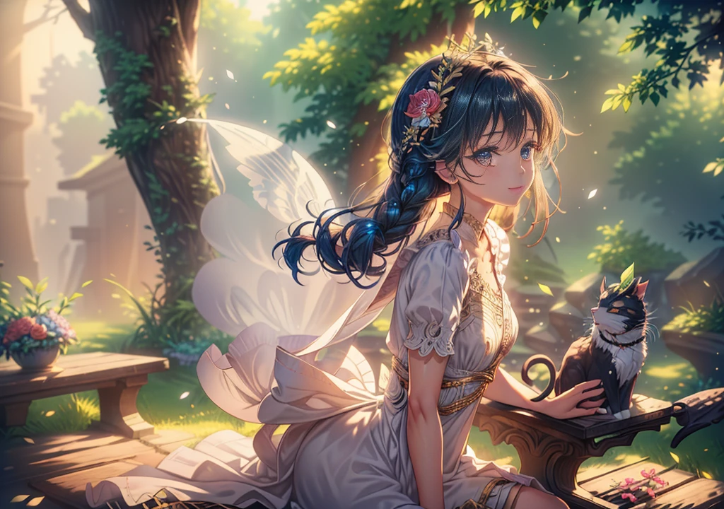 (masterpiece,top quality,high resolution,ultra detailed,ultra high definition,precise,high detail,very detailed,Perfect Fingers,Anatomically correct,ultra fine illustration,official art,HD,8k,16k 1.4),beautiful girl sitting on a bench, blue hair flowing in the wind, holding a cat and a flower, magical fairy-like appearance,smiling and captivating those around her, extremely detailed face and eyes, detailed hair and eyelashes, cinematic lighting, light particles, detailed textures and shadows, detailed background, 1girl, anime style, extremely detailed, dynamic angles, correct body structure, screencap, shadows, crystals, terrain,wide shot