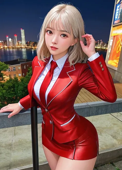 highest quality,ultra hd,8k,(two beautiful asian hit women), (silver hair 1.8), (white skin), (serious face), red skirt suit 1.5...