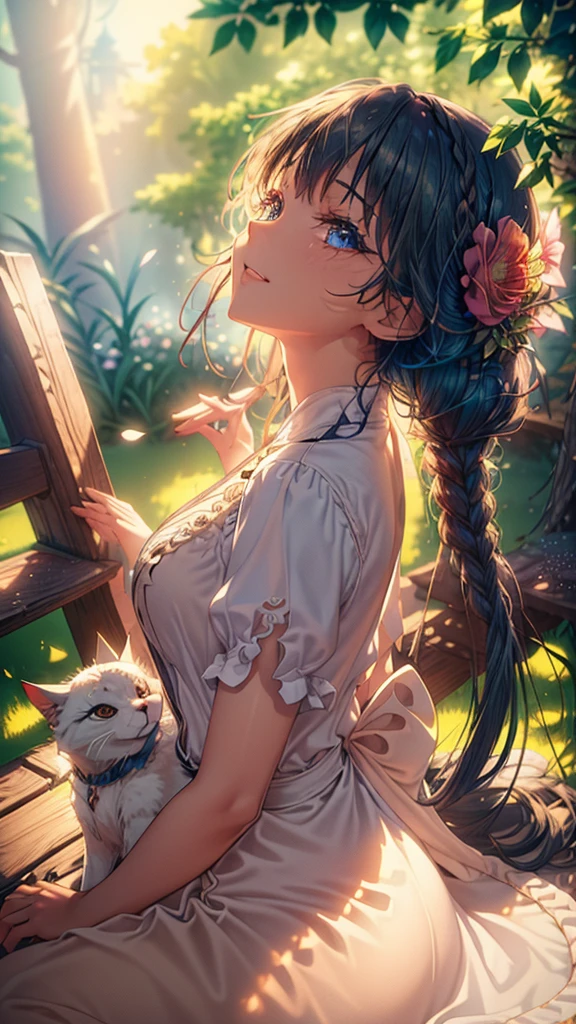 (masterpiece,top quality,high resolution,ultra detailed,ultra high definition,precise,high detail,very detailed,Perfect Fingers,Anatomically correct,ultra fine illustration,official art,HD,8k,16k 1.4),beautiful girl sitting on a bench, blue hair flowing in the wind, holding a cat and a flower, magical fairy-like appearance,smiling and captivating those around her, extremely detailed face and eyes, detailed hair and eyelashes, cinematic lighting, light particles, detailed textures and shadows, detailed background, 1girl, anime style, extremely detailed, dynamic angles, correct body structure, screencap, shadows, crystals, terrain,wide shot