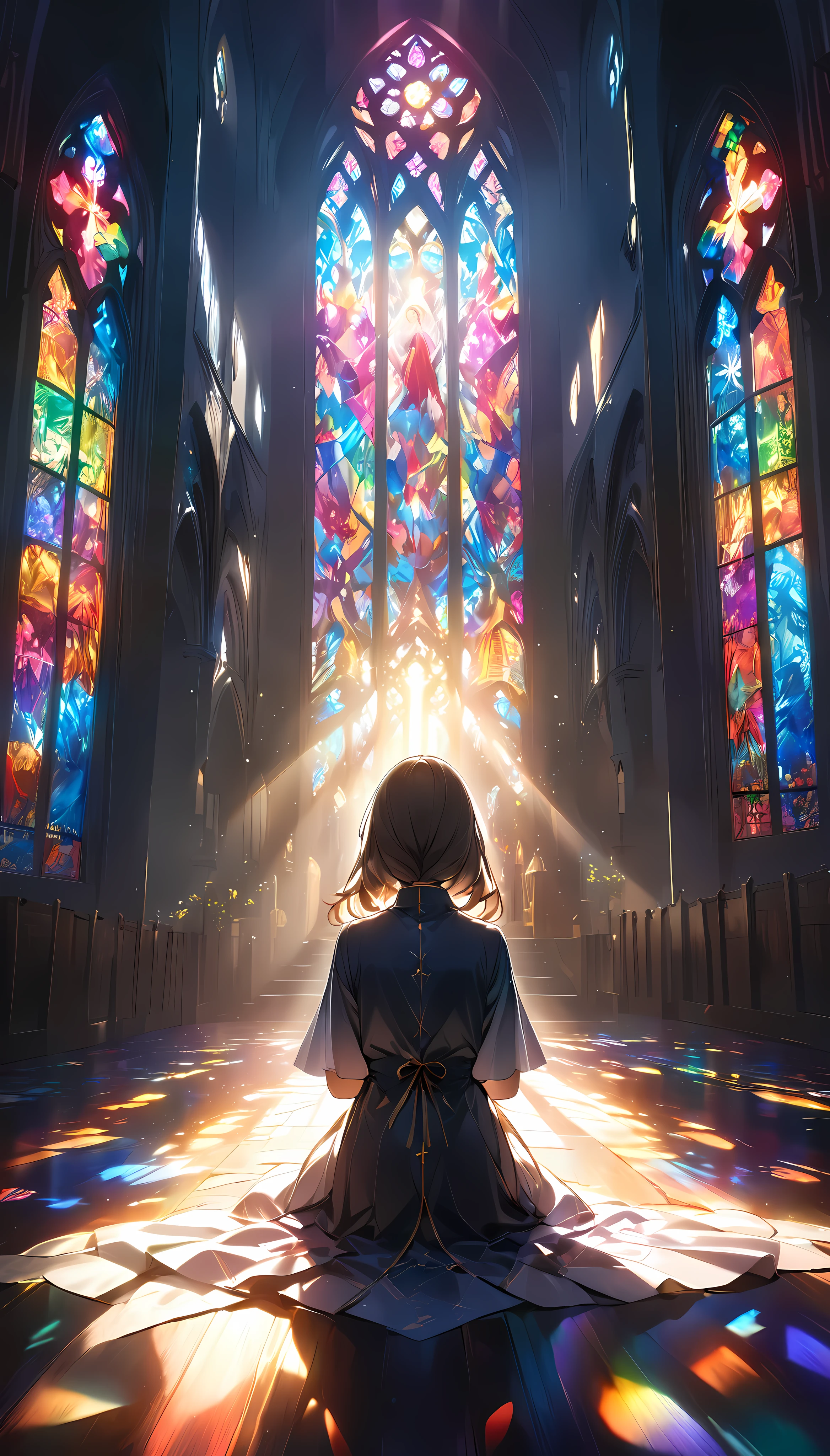 Backlight, A sister praying with her back turned, Backlightを浴びたシルエット, The richly colored light that shines through the stained glass aesthetically envelops you, 