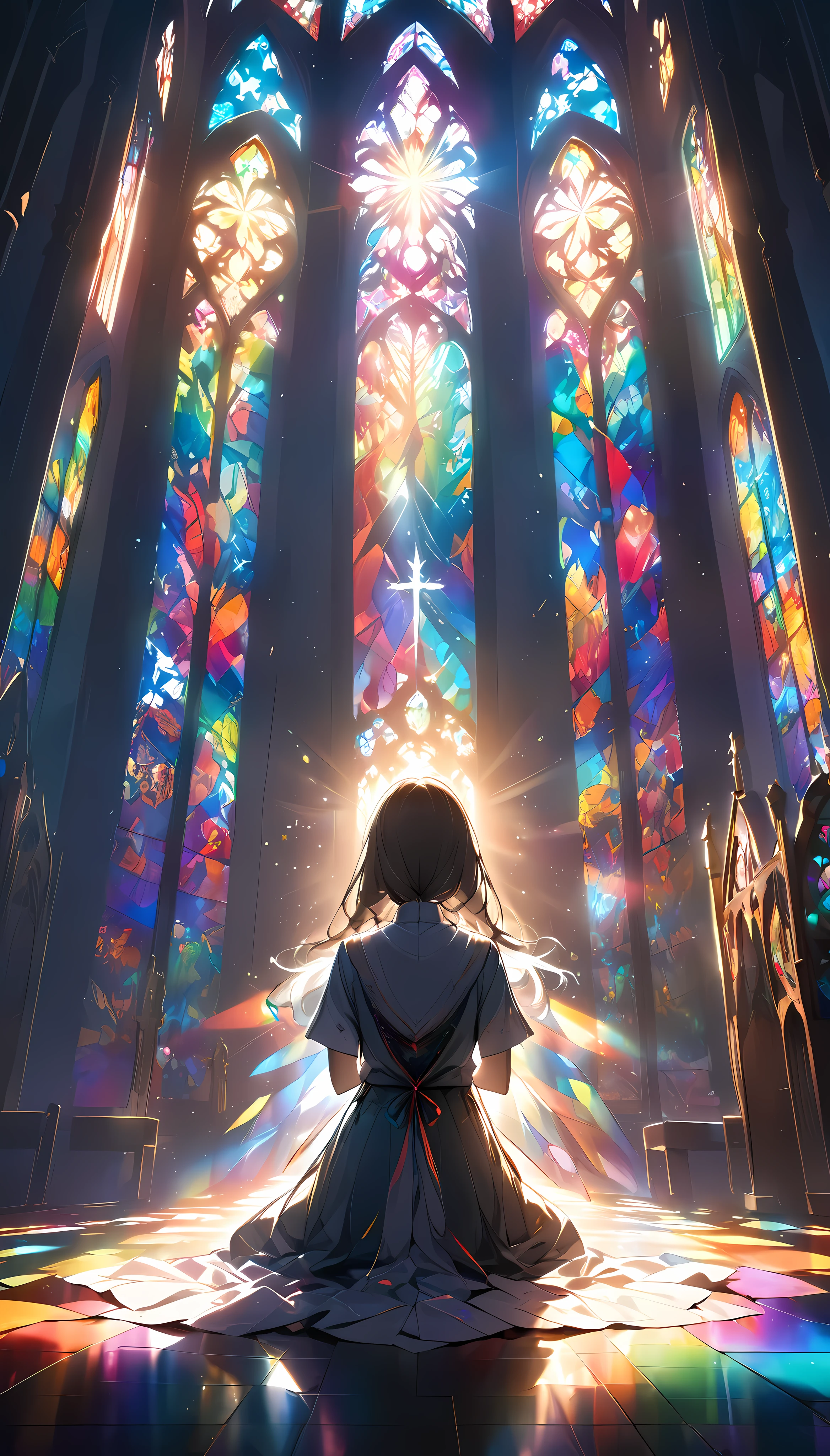 Backlight, A sister praying with her back turned, Backlightを浴びたシルエット, The richly colored light that shines through the stained glass aesthetically envelops you, 