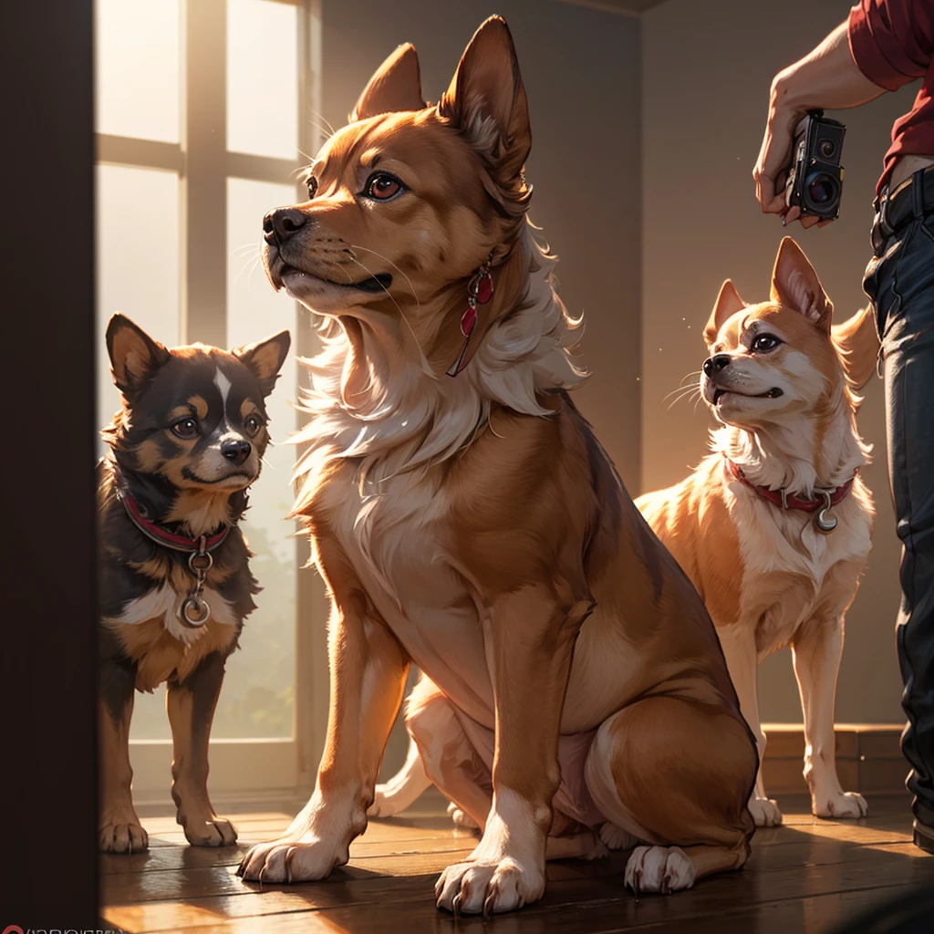 (8k, RAW Photo, Top Quality, Refined Details, Masterpiece: 1.2), (High Resolution 8k Wallpaper), Sharp Focus, Professional Lighting, Depth of Field, Cinematic Lighting, Background Blur, Cerberus with Chihuahua face,The background is a large dog run with many dogs.